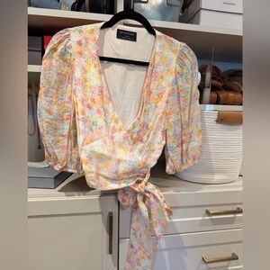 MINKPINK Pastel Floral Crop Wrap Blouse in Pink, Yellow & Blue - worn once